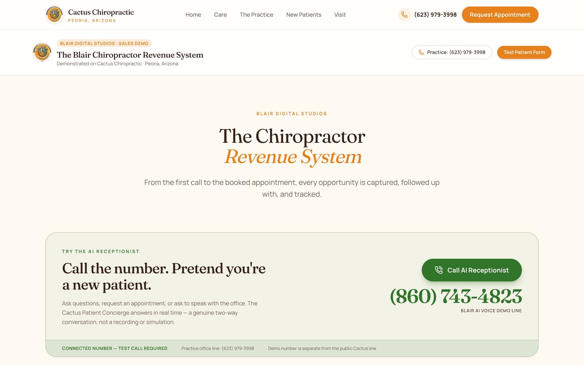 Cactus Chiropractic revenue system page: The Chiropractor Revenue System with a talk-to-the-AI-receptionist panel.