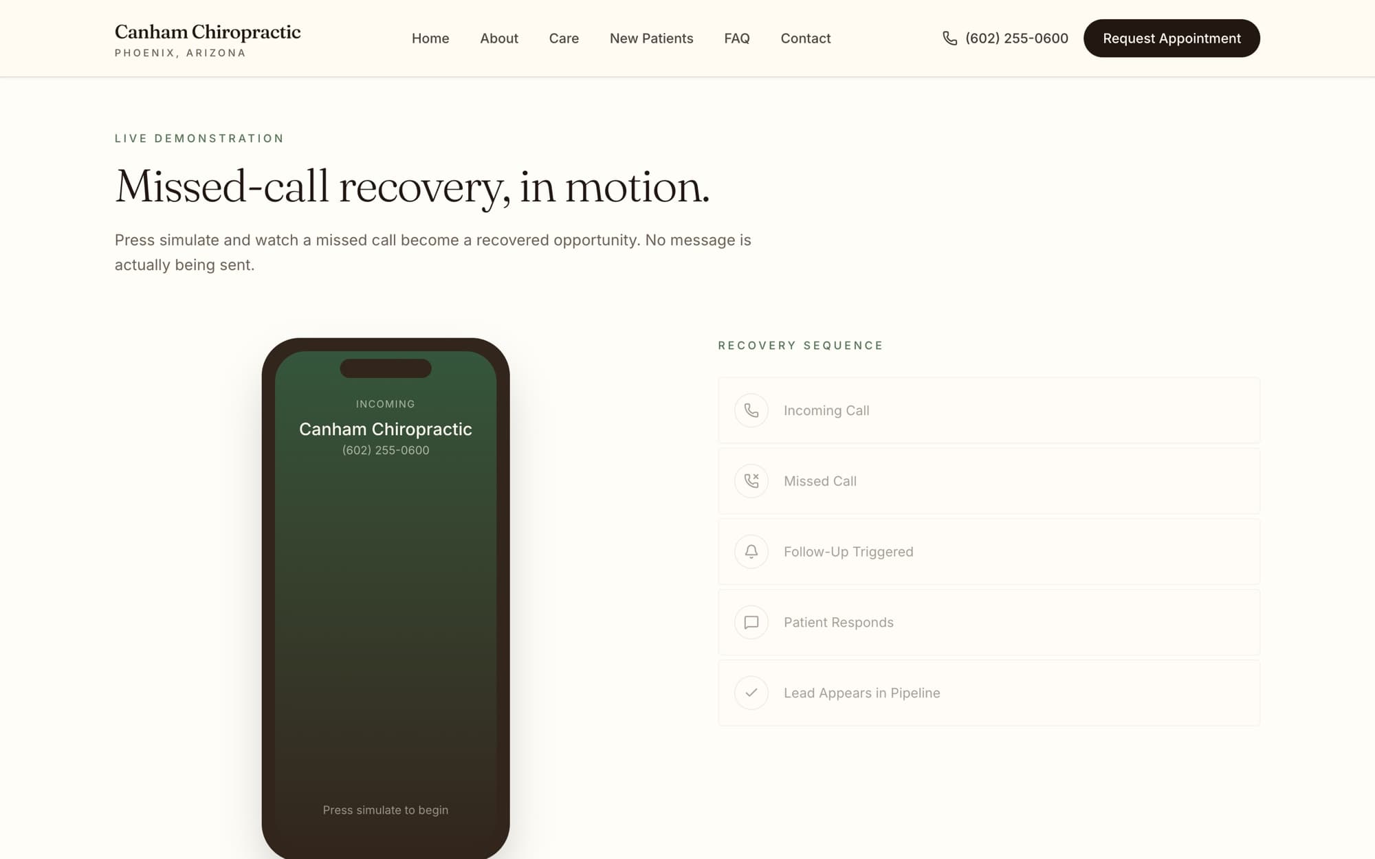 Canham missed-call recovery simulation with a phone mockup and a recovery sequence.