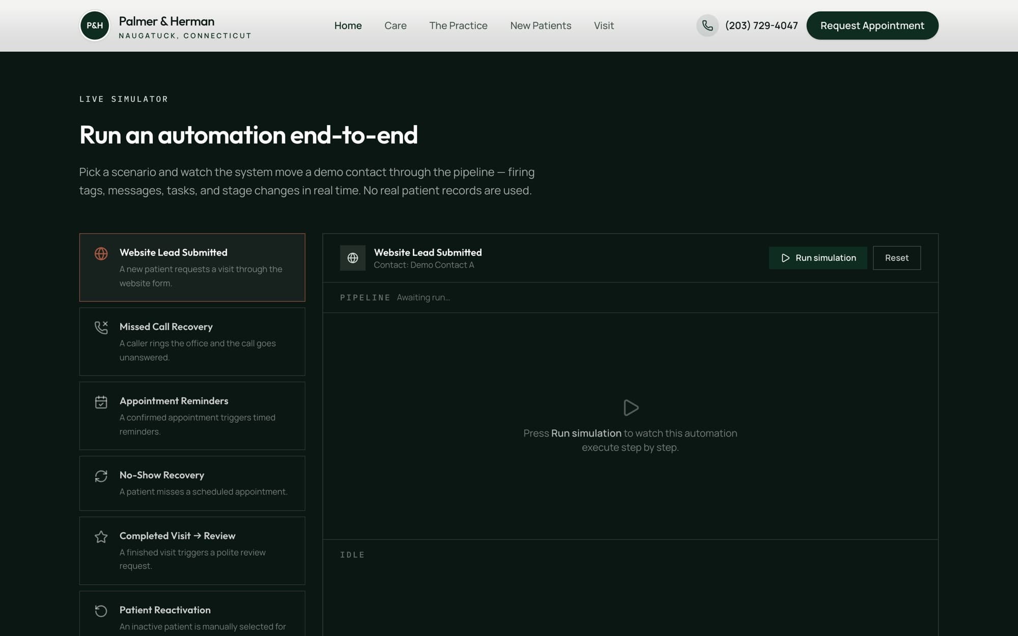 Palmer & Herman live simulator: pick a scenario and run an automation end to end.