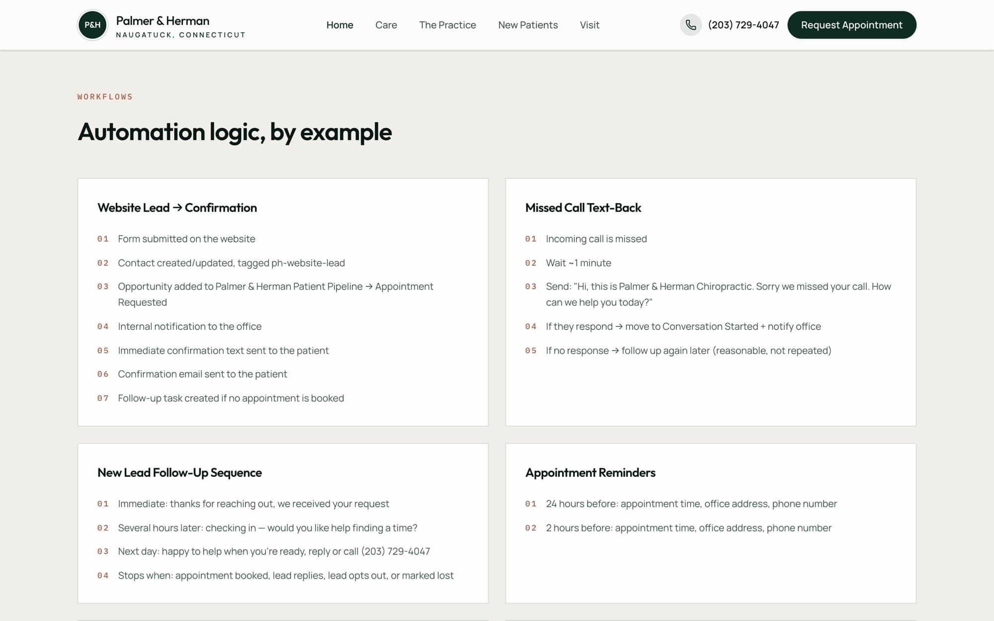 Palmer & Herman automation logic by example: website lead, missed call, follow-up and reminder workflows.