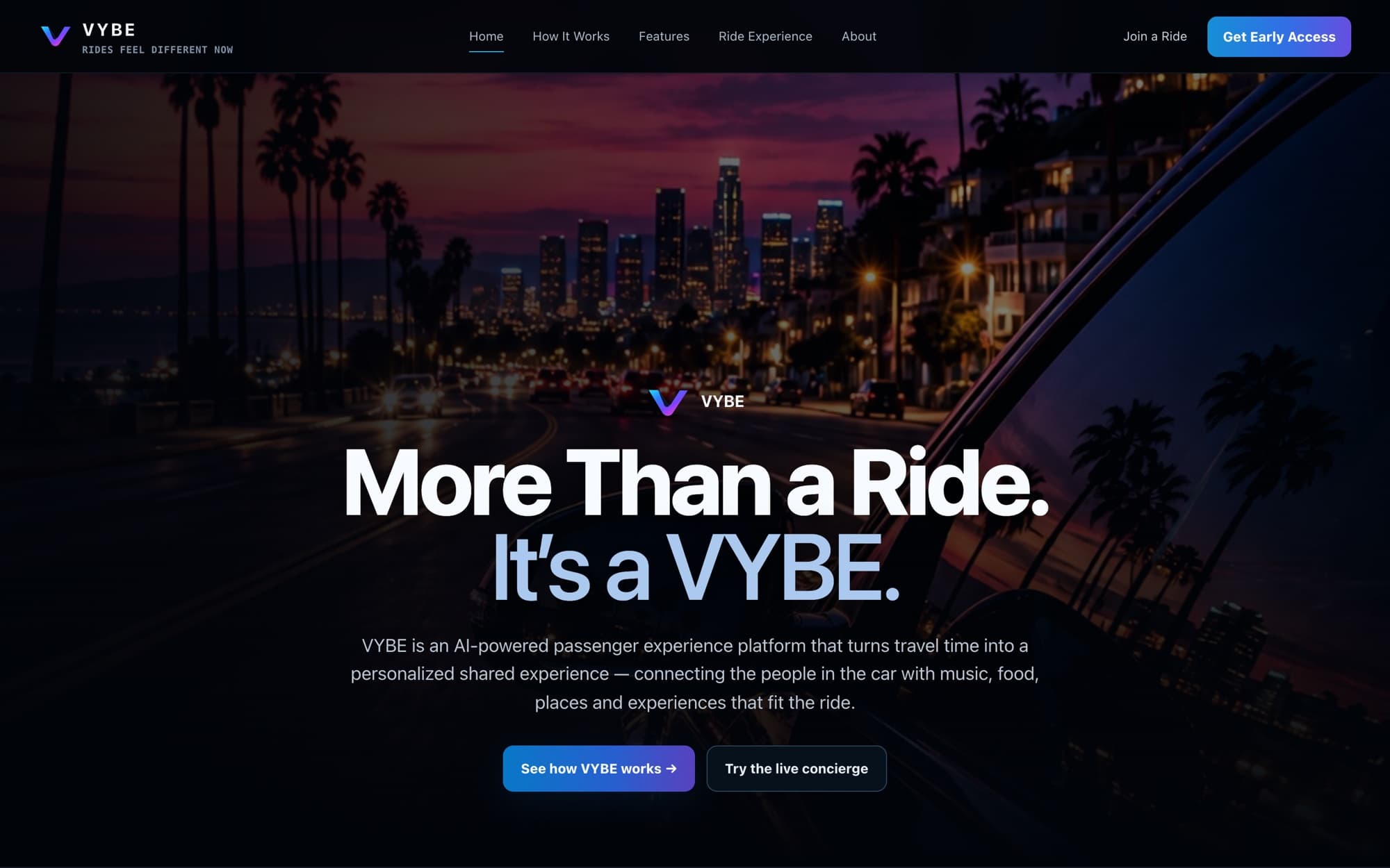 VYBE Variation 5 home page: night-driving city skyline with the headline More Than a Ride. It's a VYBE.