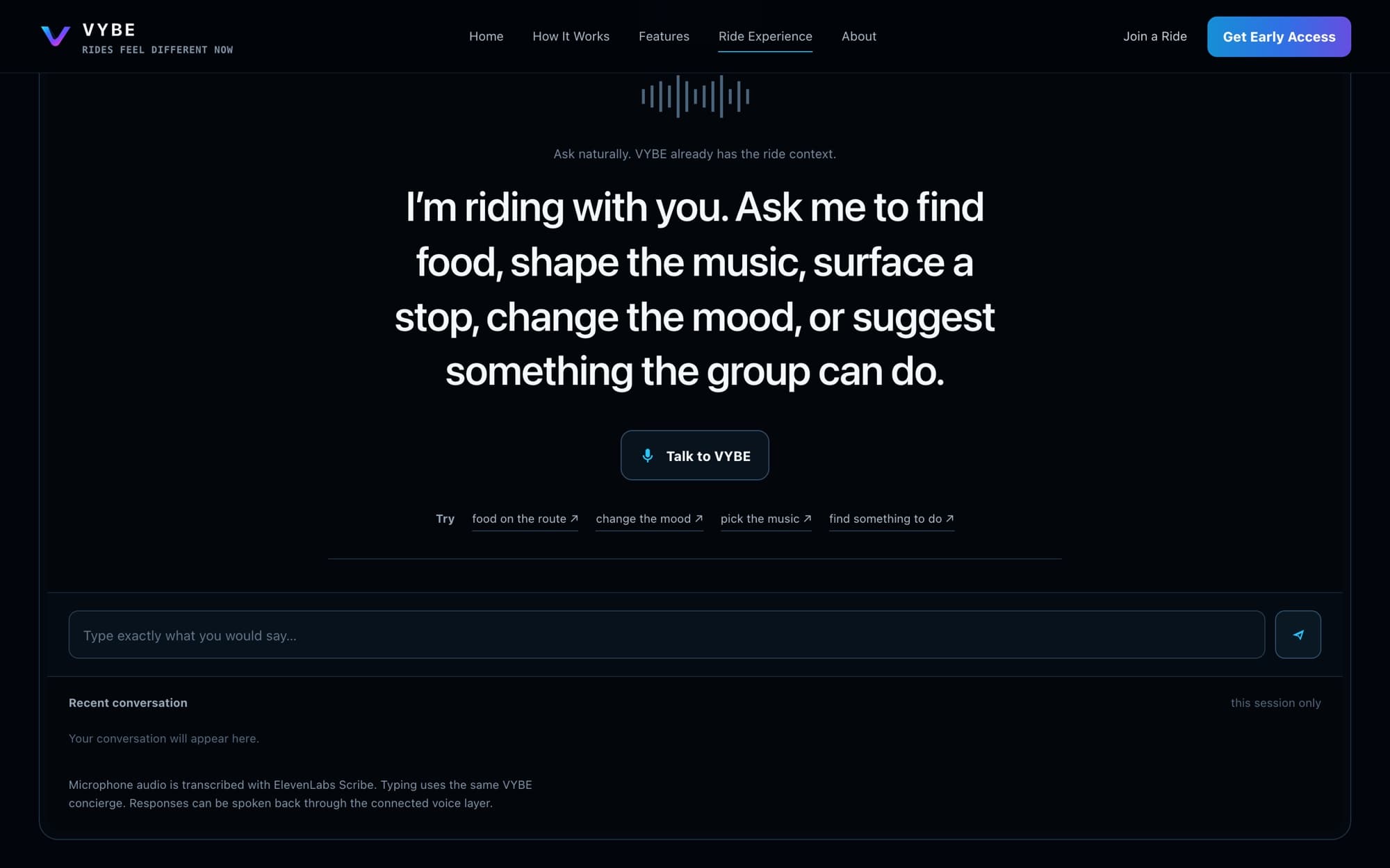 VYBE Voice console with a Talk to VYBE button and prompt suggestions.