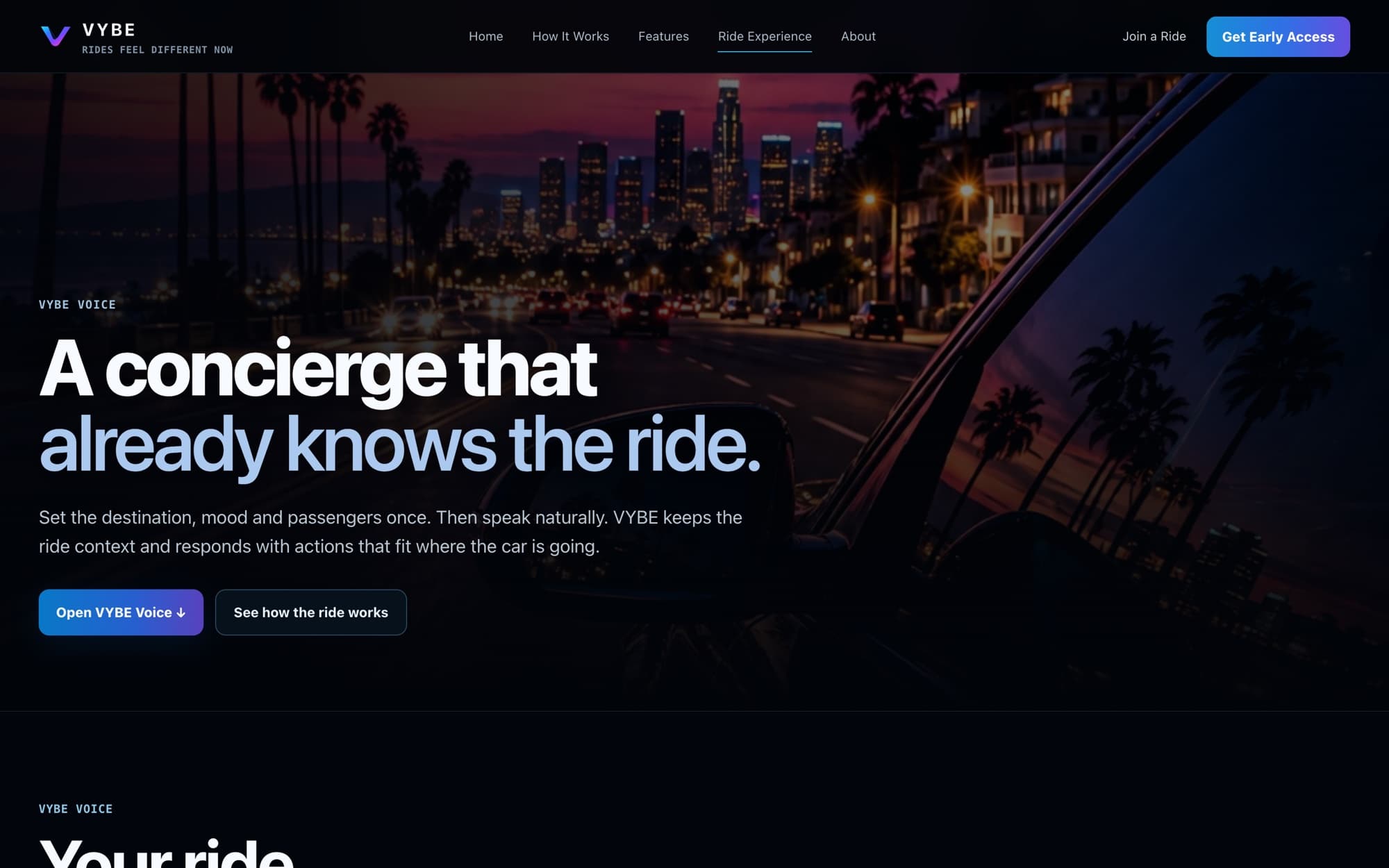 VYBE Voice landing: A concierge that already knows the ride.