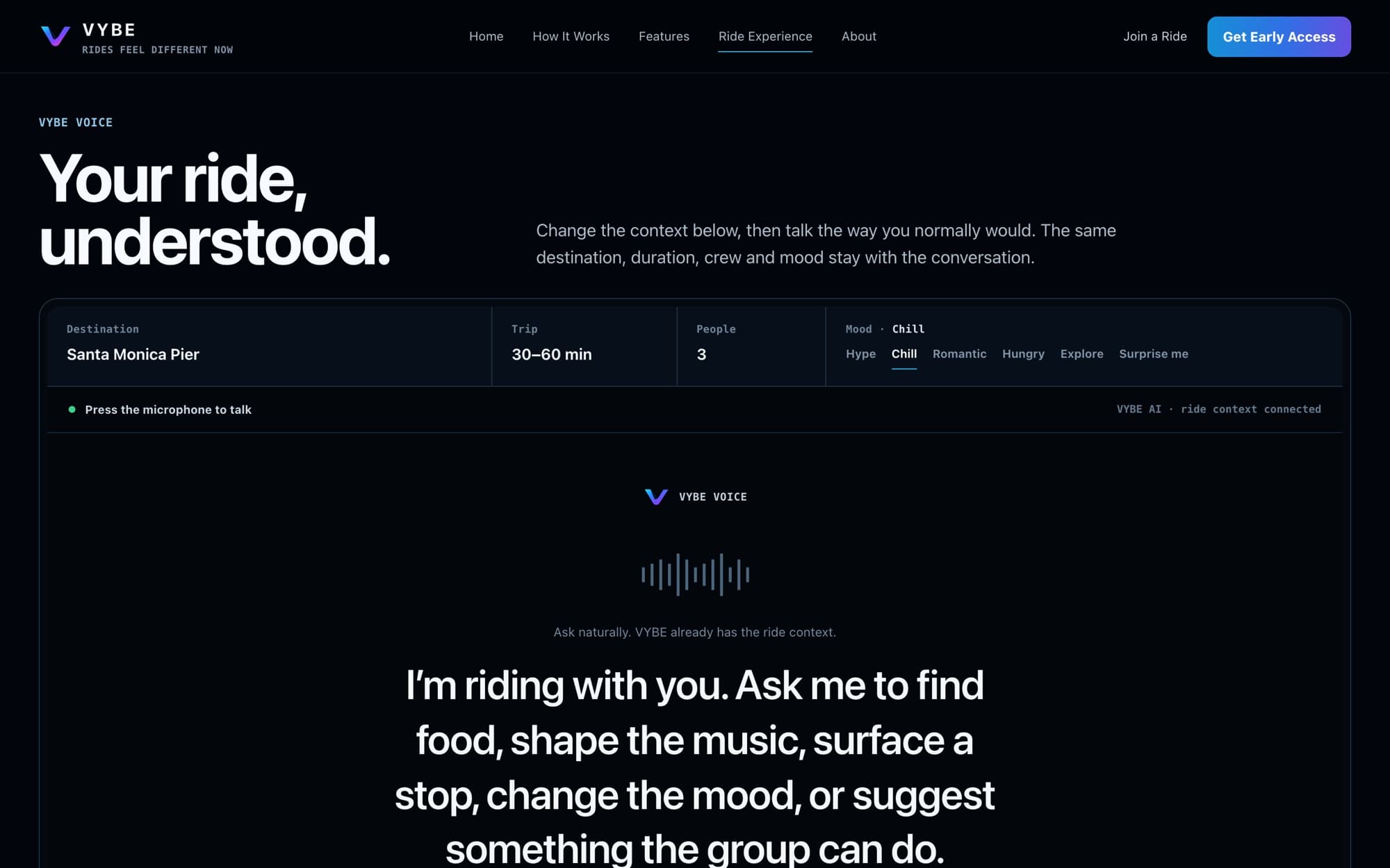 VYBE Voice ride-context controls: destination, trip length, people and mood selectors above the voice orb.